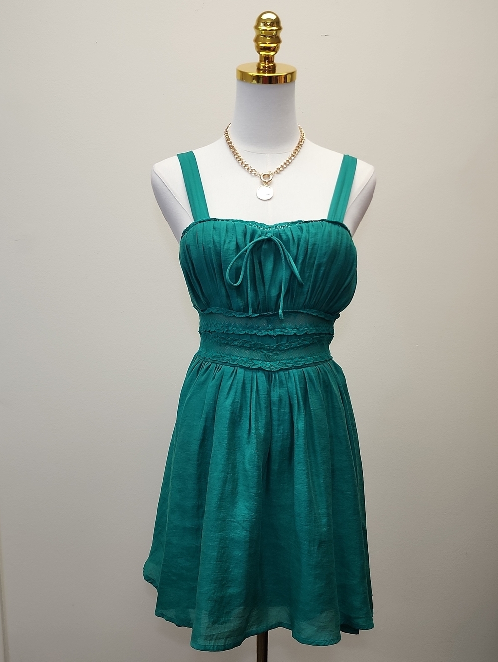 MARBLE Teal Green Smocked Empire Waist Mini Dress Size Small
